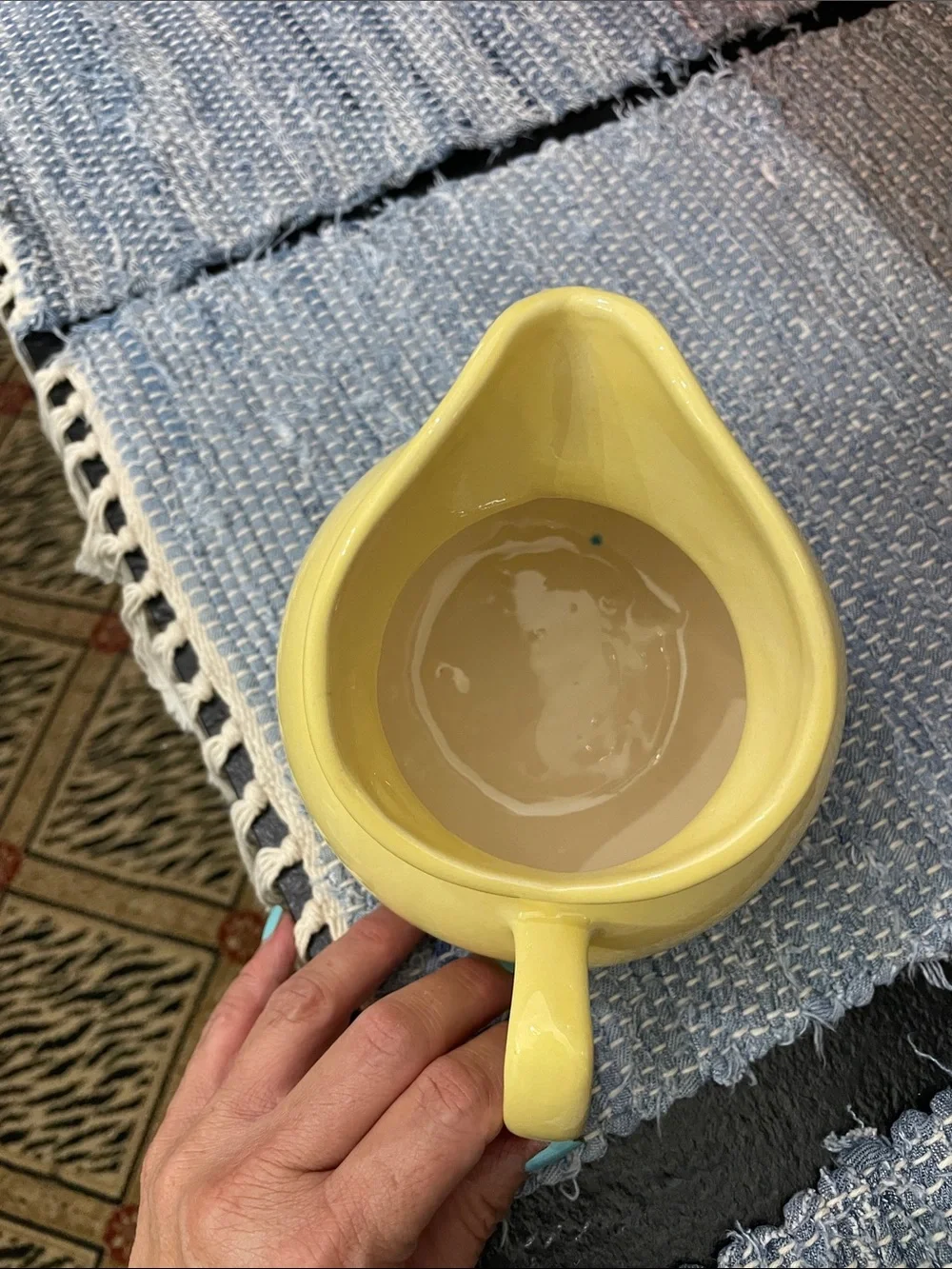 Yellow Ceramic Pitcher. Glossy, Round 5x5. No cracks. One tiny chip on bottom